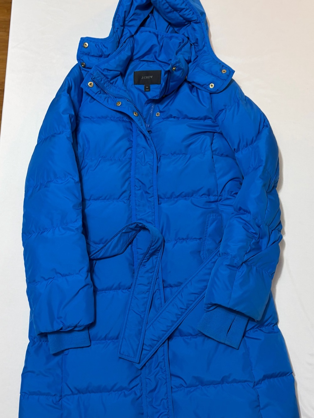J.Crew Women Medium Belted Down Puffer Coat Blue Hooded Long Winter Jacket Warm